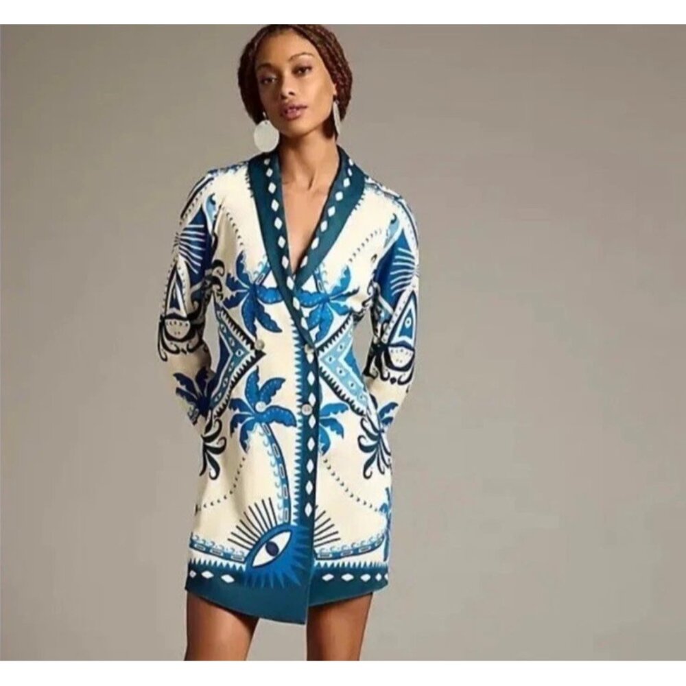 FARM Rio Blue and White Patterned Dress